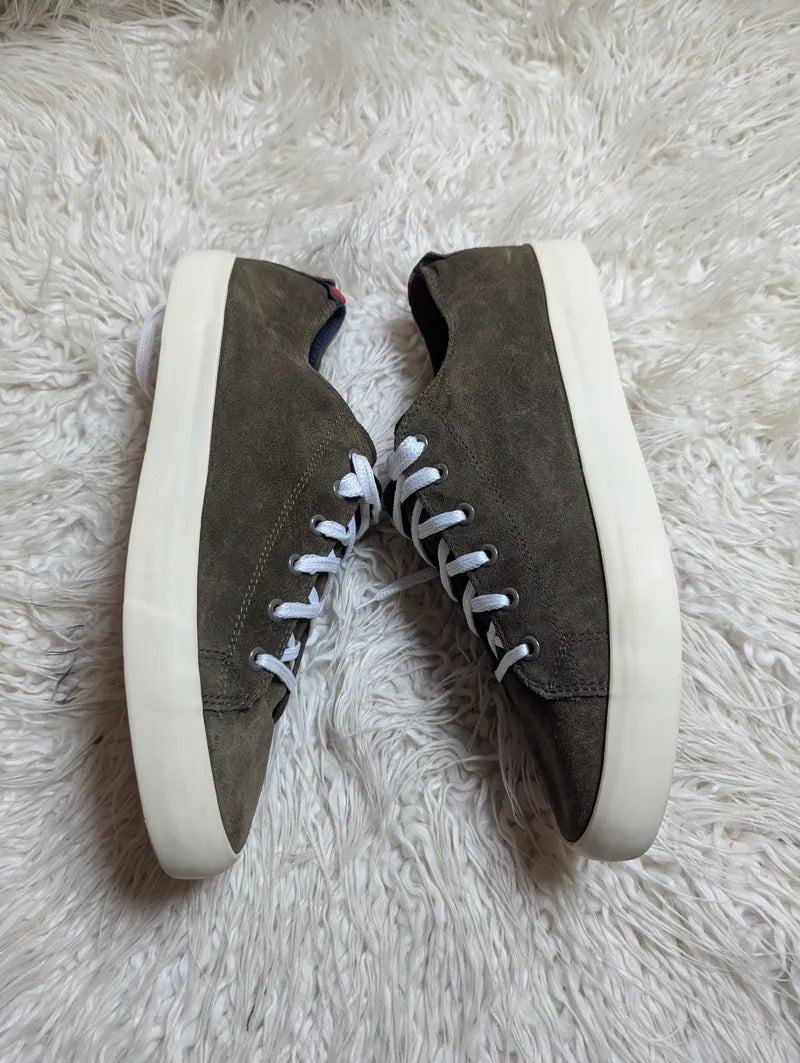 olive-green suede low-top lace-up sneakers