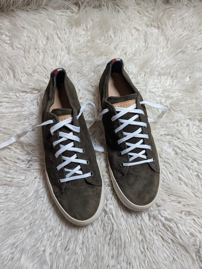 olive-green suede low-top lace-up sneakers