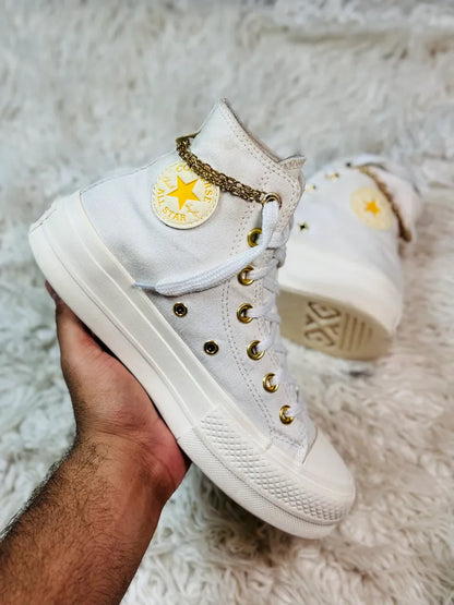 NEW Women CONVERSE Hearts Valentines Lift Gold Shoes