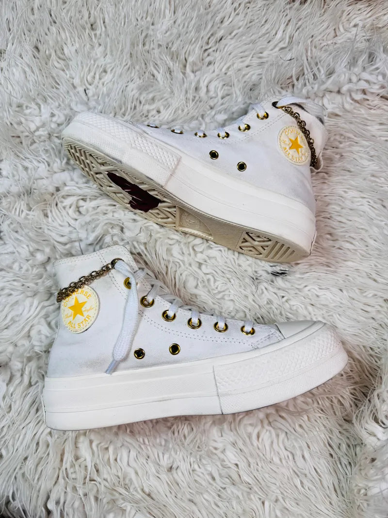 NEW Women CONVERSE Hearts Valentines Lift Gold Shoes