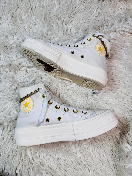 NEW Women CONVERSE Hearts Valentines Lift Gold Shoes