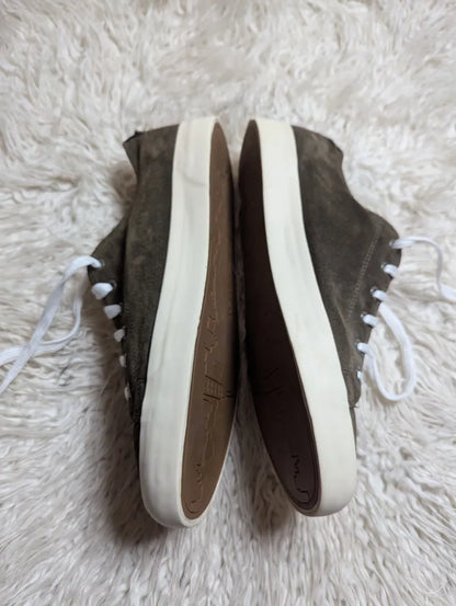 olive-green suede low-top lace-up sneakers